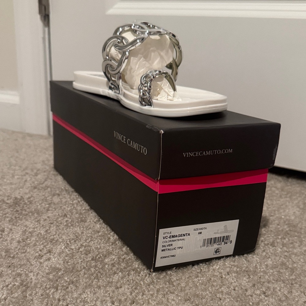 Vince Camuto White Slides with Silver Accents